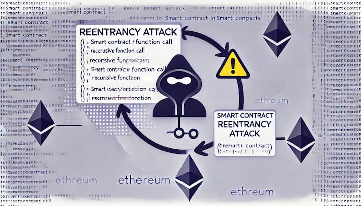 Simplified illustration of a reentrancy attack in smart contracts, showing a smart contract with a recursive function call, an Ethereum logo, and a hacker symbol highlighting vulnerabilities in the code.